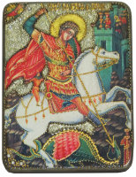 Подарочная икона "Чудо святого Георгия о змие" на мореном дубе