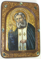 Живописная икона "Преподобный Серафим Саровский чудотворец" на мореном дубе
