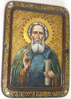 Живописная икона "Преподобный Сергий Радонежский чудотворец" на мореном дубе