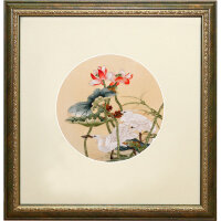 Картина вышитая шелком двусторонняя на прозрачном фоне Две цапли в цветущих лотосах