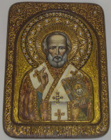 Живописная икона "Святитель Николай, архиепископ Мир Ликийский (Мирликийский), чудотворец" на мореном дубе