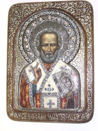 Живописная икона "Святитель Николай, архиепископ Мир Ликийский (Мирликийский), чудотворец" на мореном дубе - 36А_enl.jpg