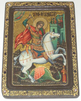 Живописная икона "Чудо Святого Георгия о змие" на мореном дубе