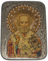 Подарочная икона "Святитель Николай, архиепископ Мир Ликийский (Мирликийский), чудотворец" на мореном дубе